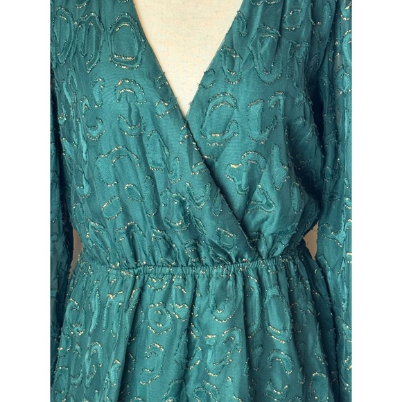MAX + ASH Dress Women L Emerald Green Metallic Gold V Neck Mini Holiday Party - Picture 8 of 12
